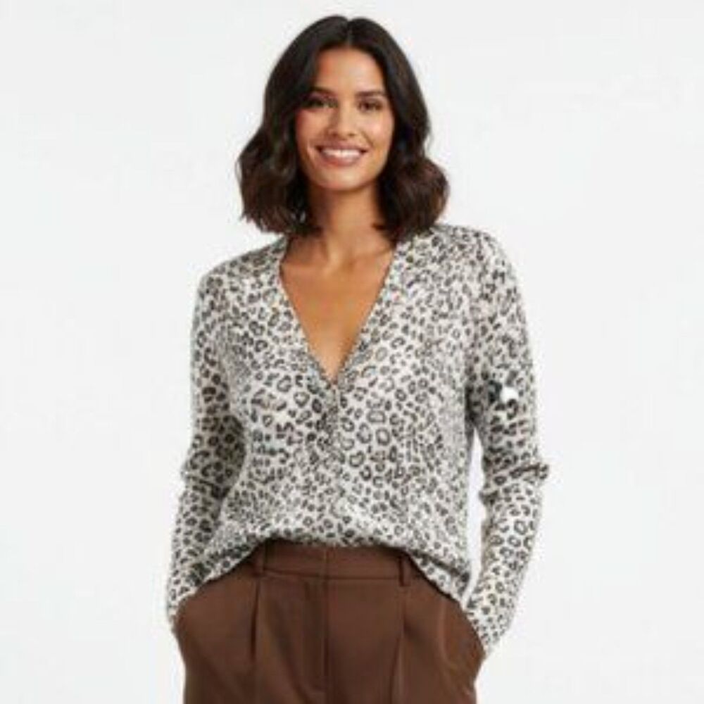 Yansi Fugel Tan & Brown Animal Leopard Print Knit Long Sleeve Cardigan Sweater S